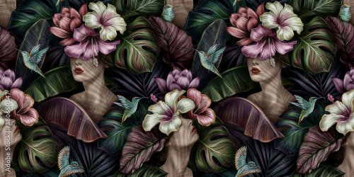 Motif exotique tropical avec femme, monstera, hibiscus, broméliacées, feuille... - 901158305