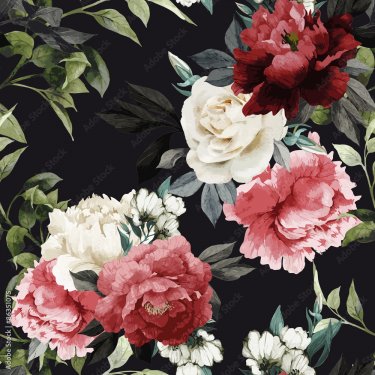 Seamless floral pattern with roses, watercolor - 901158318