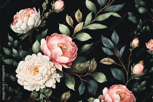 Pattern of flowers, peonies and roses with elements of green leaves - 901158302