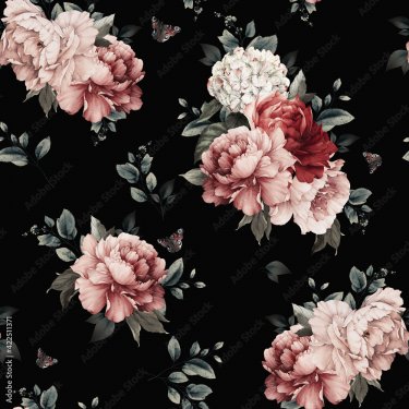 Motif floral en aquarelle avec des fleurs pivoines - 901158319
