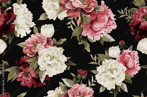 Seamless watercolor floral pattern with peonies on dark background - 901158304