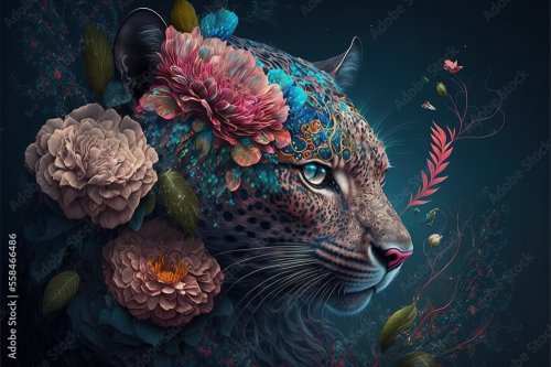 A painting of a leopard with flowers on it's head 