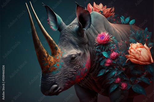 Painting of a rhino with flowers on it's head and a rose on its back, against... - 901158299