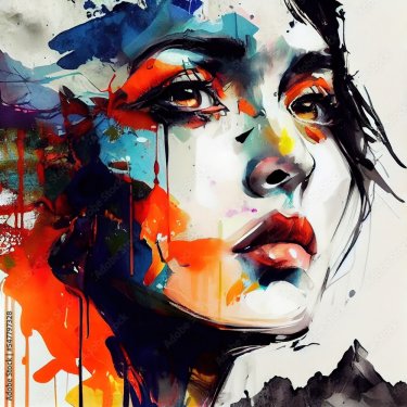 Stunning illustrated portrait of beautiful woman. Spatter and drips of paint. - 901158312