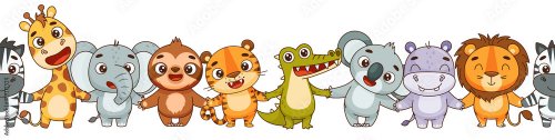 Seamless border kids tropical animals hold hands