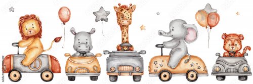 Set of jungle animals in cars and balloons; watercolor hand drawn illustration - 901158349