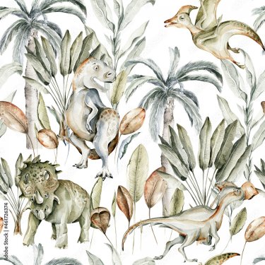 Motif de dinosaures mignons peints à la main, palmiers tropical, feuilles de ... - 901158368