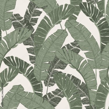 Green tropical leaves drawing seamless pattern. - 901158366