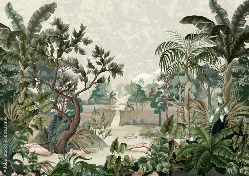 Paysage de jungle avec rivière et palmiers