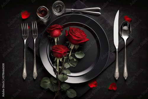 Table romantique décorée, avec des roses rouges 