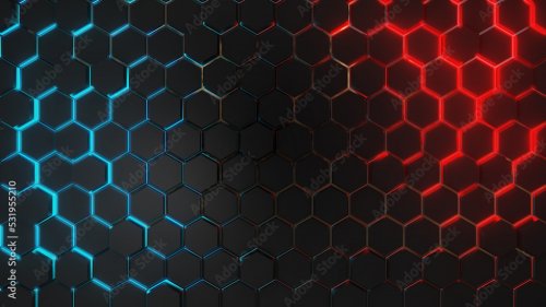 Hexagones 3D abstraits avec éclairage lumineux bleu et rouge représentant la ... - 901158420