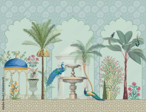 Illustration marocaine avec palmiers, plantes, oiseaux et paons - 901158417