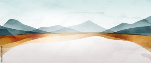 Landscape watercolor art background with mountains and hills on the lake in b... - 901158457