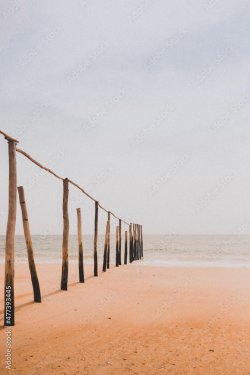 Brown wooden poles on sand near sea - 901158437