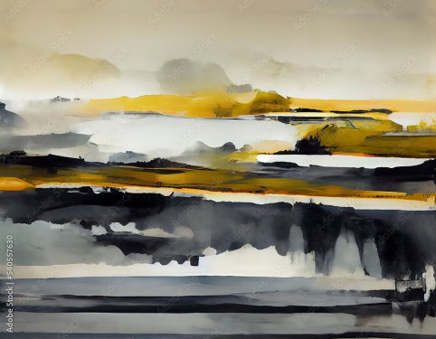 Un paysage marin abstrait numérique de style aquarelle noir et jaune - 901158444