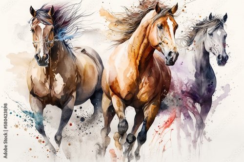Watercolor drawing of a running horses - 901158494