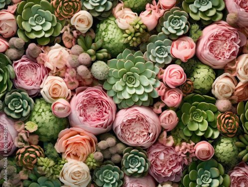 Colorful fresh peony and roses flowers with succulents - 901158502