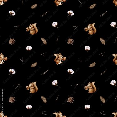 Cute seamless pattern with watercolor squirrel forest animals and hazelnut - 901158518