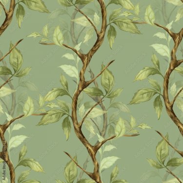 Seamless pattern with green leaves and branches