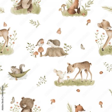 Woodland Animals watercolor forest illustration baby seamless pattern illustr... - 901158514