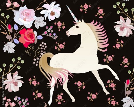 Seamless pattern with fairy unicorn and beautiful garden flowers isolated on black background