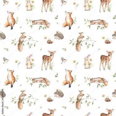 Woodland seamless pattern with wild baby animals