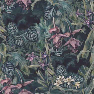 Tropical leaves, bananas, panther and orchid.