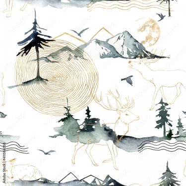 Watercolor seamless pattern of forest, mountains, deers and birds