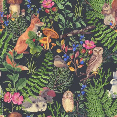 Hand drawn seamless pattern with watercolor forest animals and plants - 901158512