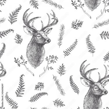 Seamless pattern of hand drawn texture with deer head and botanical elements - 901158516