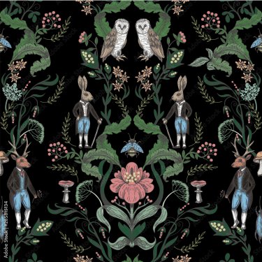Fairytale graphic seamless pattern with forest animals and flowers - 901158508