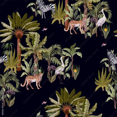 Seamless pattern with tropical trees and animals - 901158510