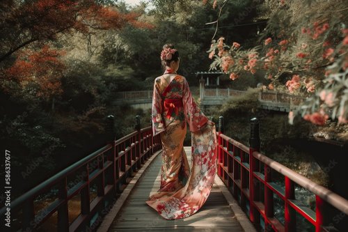 The Beauty and Elegance of a Geisha walking across a bridge over a peaceful r... - 901158505