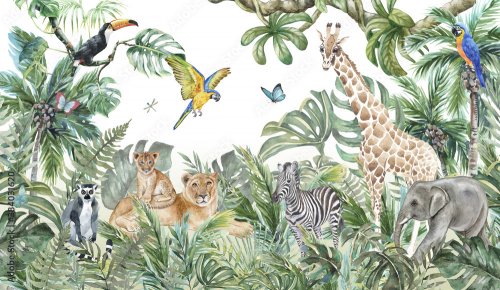 Watercolor jungle and animals with lions, giraffe, elephant, parrots, zebra a... - 901158535