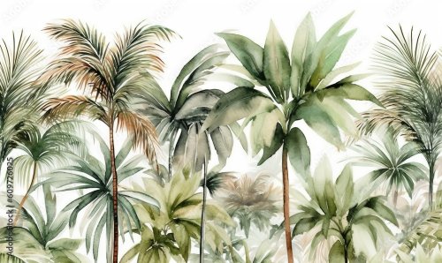 Watercolor painting of palm trees with green le...