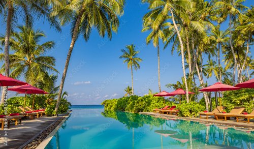 Luxury beach poolside resort hotel swimming pool, beach chairs beds umbrellas... - 901158533