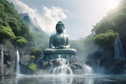 Bouddha assis au sommet d'une montagne sur arrière-plan de nuages - 901158574