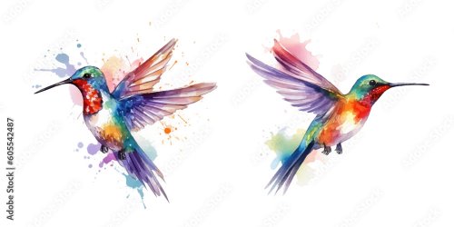 Colibri volant peint en aquarelle - 901158573
