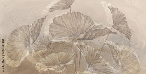 Painted leaves on a textured wall, in pastel colors - 901158560