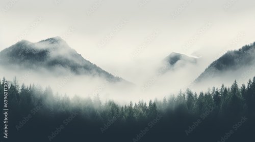 Forêt de conifères dans un brouillard brumeux, style minimaliste - 901158559