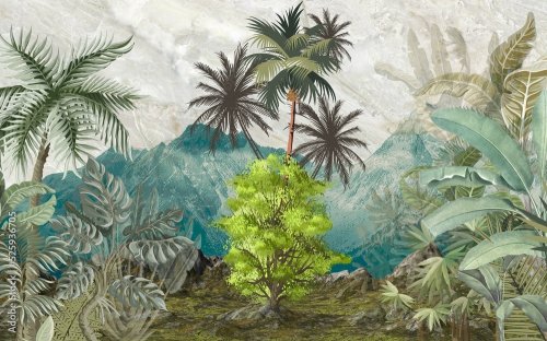 Mountain and tree landscape with tropical trees, palm and banana tree - 901158564