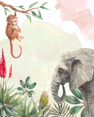 Safari watercolor illustration with elephant and monkey - 901158580
