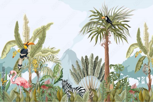Pattern with jungle animals, flowers and trees - 901158579