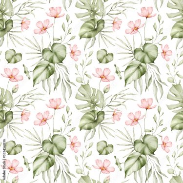 Tropical leaves watercolor seamless pattern - 901158578