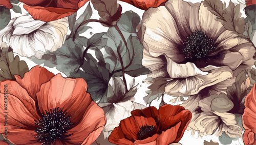 Minimal bright abstract poppy flowers pattern - 901158592