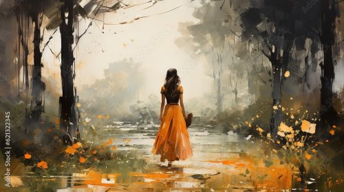 Painting of a woman in a yellow dress walking in the rain