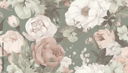 Pastel watercolor pattern of roses, green leaves