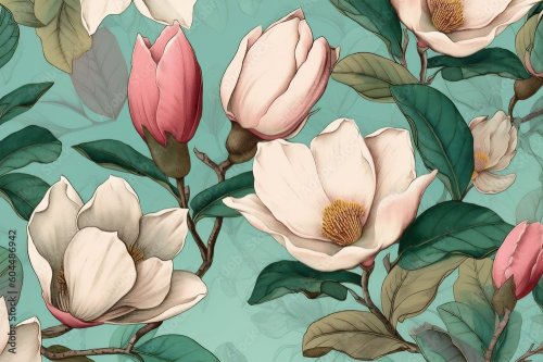 Illustration florale de magnolias et feuilles - 901158594