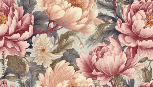 Seamless boho floral pattern with pink peony fl...