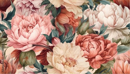 Delicate floral watercolor pattern of peonies flowers and green leaves, soft ... - 901158600